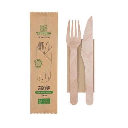Wooden cutlery set knife + fork + napkin