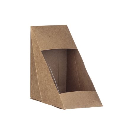 Caja triangular de papel kraft para alimentos FSC con ventana abatible