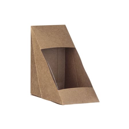 Caja triangular de papel kraft para alimentos FSC con ventana abatible